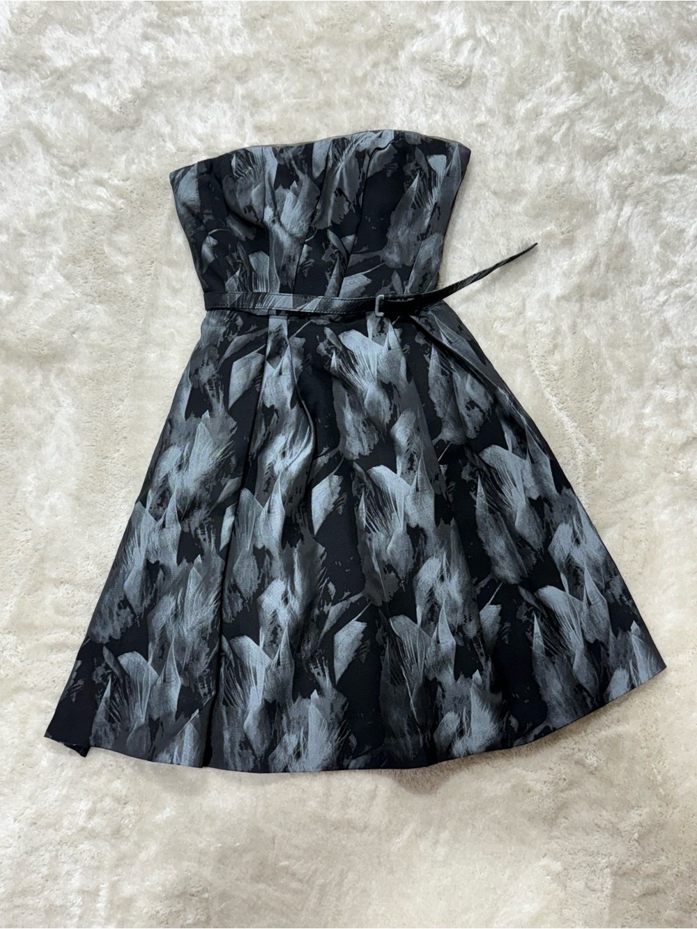 White House Black Market Strapless Cocktail Dress Black Gray Floral Fit Flare